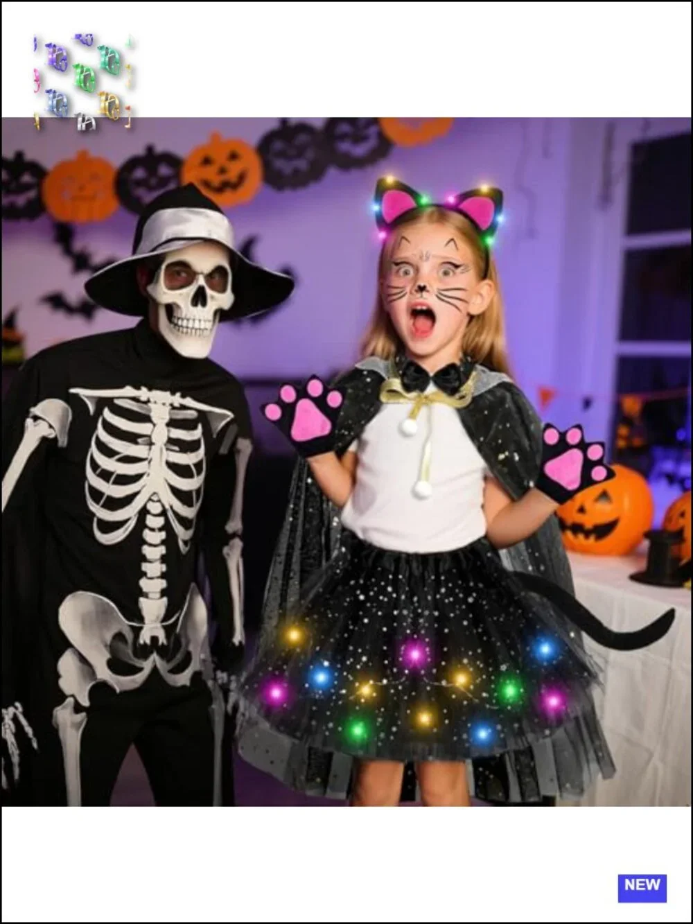 Girls LED Cat Halloween Costume 7pc Set Ages 3-8 Tutu Cape Gloves